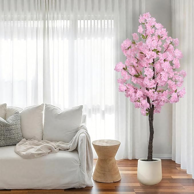 Artificial Pink Cherry Blossom Tree 5.5ft(67in) Tall Fake Silk Leaves Indoor Decor Handmade Lifelike Sakura Tree for Wedding Realistic Cherry Plant in Pot for Home Living Room,Office,Outdoor Decor