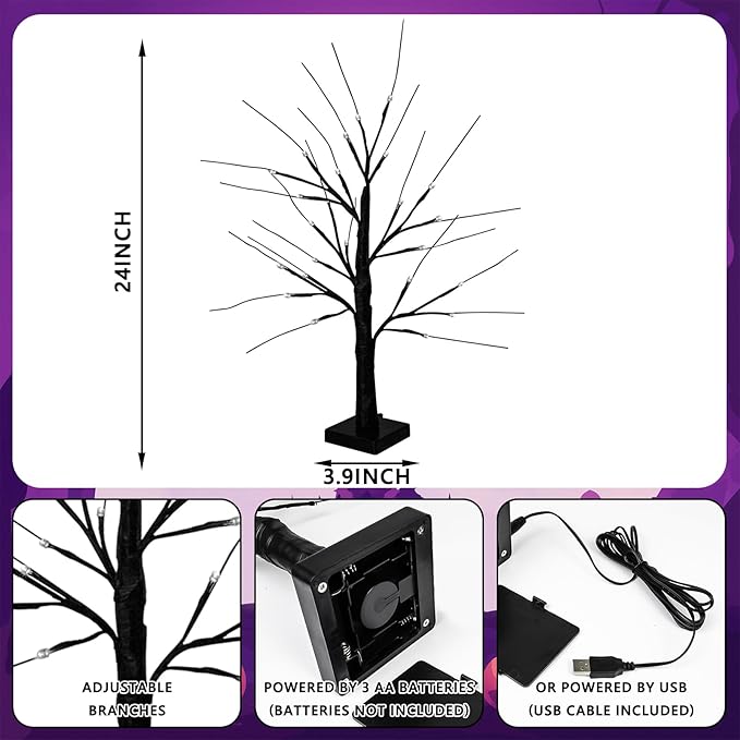 Halloween Decorations Indoor, 2-Pack 2FT Lighted Black Halloween Tree with 48 LED Orange & Purple Lights, Timer Function Battery Operated Halloween Trees Lights Spooky Tree for Tabletop Home Party