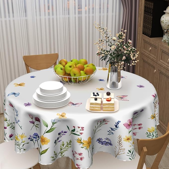 Spring Flower Round Tablecloth Spring Summer Floral Tablecloth Round 60 Inch Watercolor Wildflower Table Cloth Spring Butterfly Farmhouse Table Covers for Kitchen Dinner Picnic Party Indoor Outdoor
