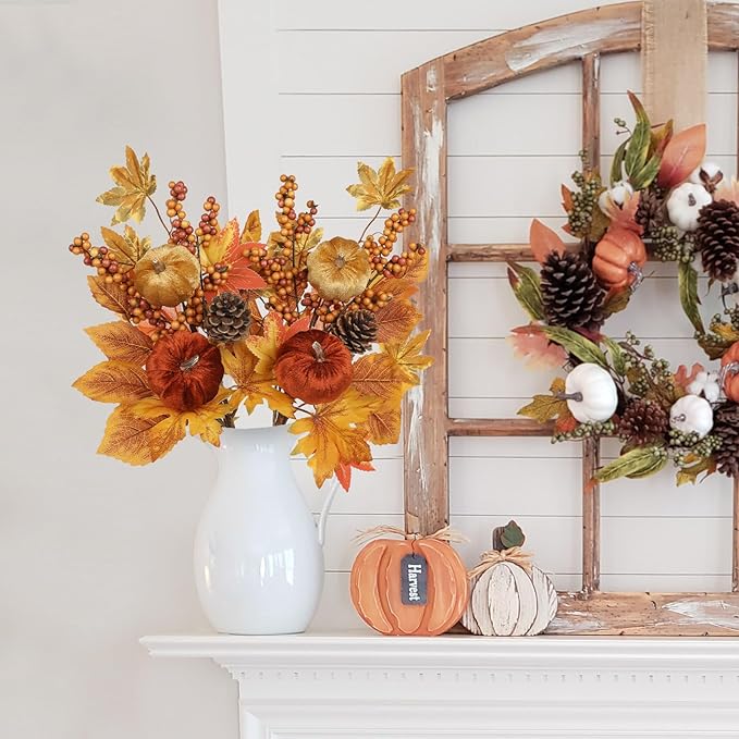 Briful 2Pack 16in Fall Picks and Sprays with Velvet Pumpkins Pinecones Berries Maple Leaves Artificial Fall Floral Branches Stems for Vases Autumn Table Centerpieces Seasonal Home Decor