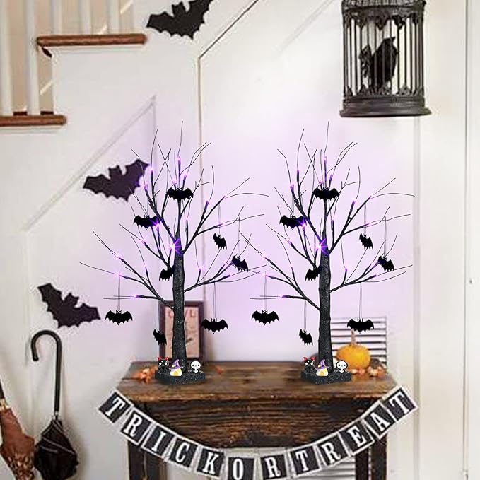 PEIDUO Halloween Decorations, 2FT Black Halloween Tree with 24 Purple Lights and 8 Bat Ornaments, Light up Halloween Decorations with Timer for Indoor Home Desk Table Decor (2PK)