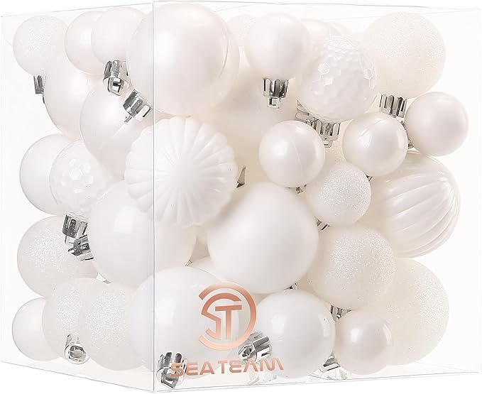 Sea Team 70-Pack Shatterproof Plastic Christmas Ball Ornaments Set, Multi-Size Christmas Baubles, Hanging Decorations for Xmas Tree, Wreath, Garland, (1.18-1.97 Inches, White)