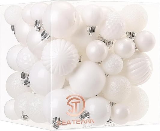 Sea Team 70-Pack Shatterproof Plastic Christmas Ball Ornaments Set, Multi-Size Christmas Baubles, Hanging Decorations for Xmas Tree, Wreath, Garland, (1.18-1.97 Inches, White)
