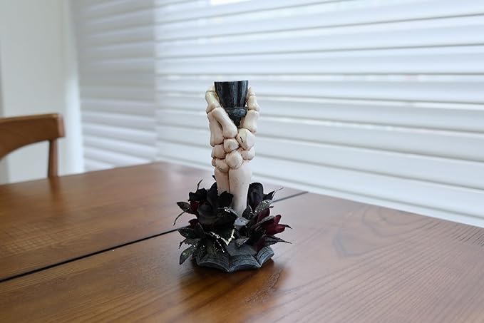 Halloween Candle Holder, Resin Skeleton Hand Candlestick with Black Faux Flower, Halloween Decor for Home Table, 7" Height