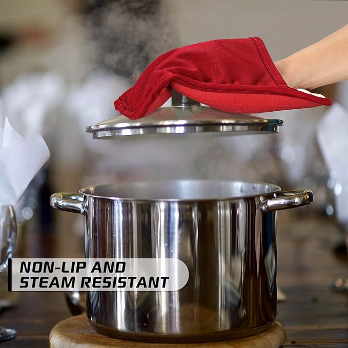 HOMWE Silicone Oven Mitts and Pot Holders for Kitchen & Baking - Set of 4 Heat-Resistant, Heavy-Duty Cooking Mittens w/Non-Slip, Textured Grip