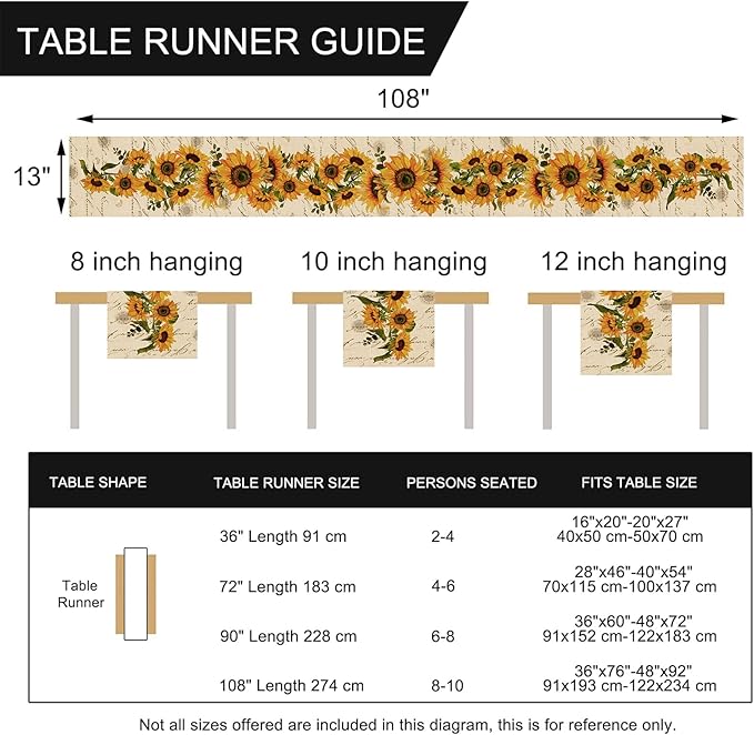 Seliem Fall Sunflowers Table Runner, Vintage Spring Summer Flower Home Kitchen Dining Decor, Seasonal Farmhouse Floral Decorations Indoor Outdoor Party Supply 13 x 108 Inch
