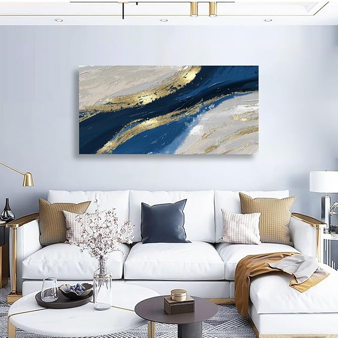 Golden Abstract Wall Art Bedroom Wall Decor Living Room,Blue Canvas Wall Art Office Farmhouse Paintings Artwork Modern Blue White Boho Wall Art Prints Pictures 20 * 40inch