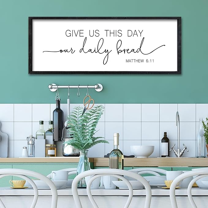Surfapans Kitchen Wall Decor Give Us This Day Our Daily Bread Sign 32"x12" Scripture Matthew 6 11 Bible Verse Christian Dining Room Large Wood Plaque Framed Rustic Farmhouse Hanging Art (Black