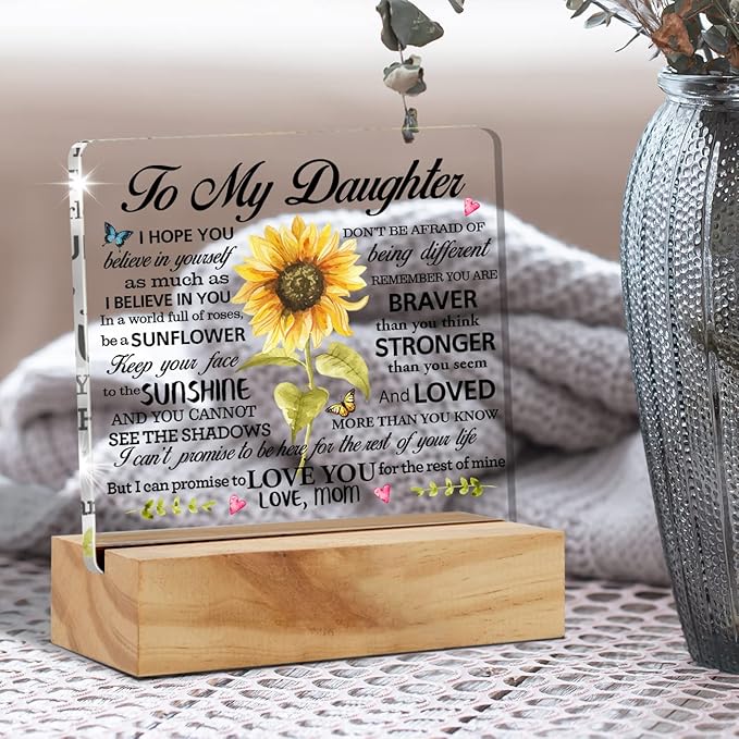 Sunflower Acrylic Desk Plaque Sign with Wood Stand - I Love You Gift for Daughter's Birthday or Christmas