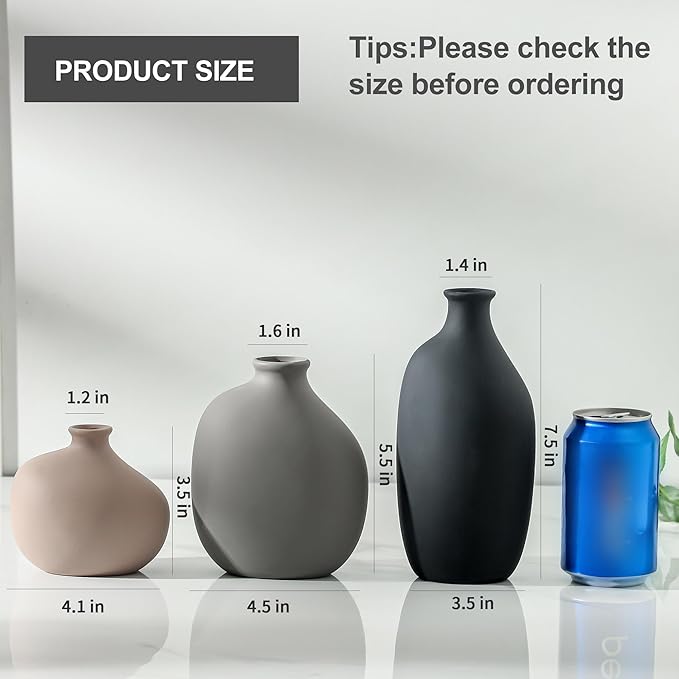 Ceramic Vase Set of 3, Modern Rustic Pottery Vases for Home Decor,Farmhouse Flower Vase for Pampas Grass, Dried or Fresh Flowers, Decorative Vases for Living Room, Bedroom, Bookshelf, or Table.