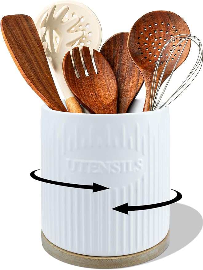 360° Rotating Utensil Holder, 7.6" Large Ceramic Kitchen Utensil Holder for Countertop with Bamboo Base, Stable Utensil Organizer, Farmhouse kitchen Decor, White
