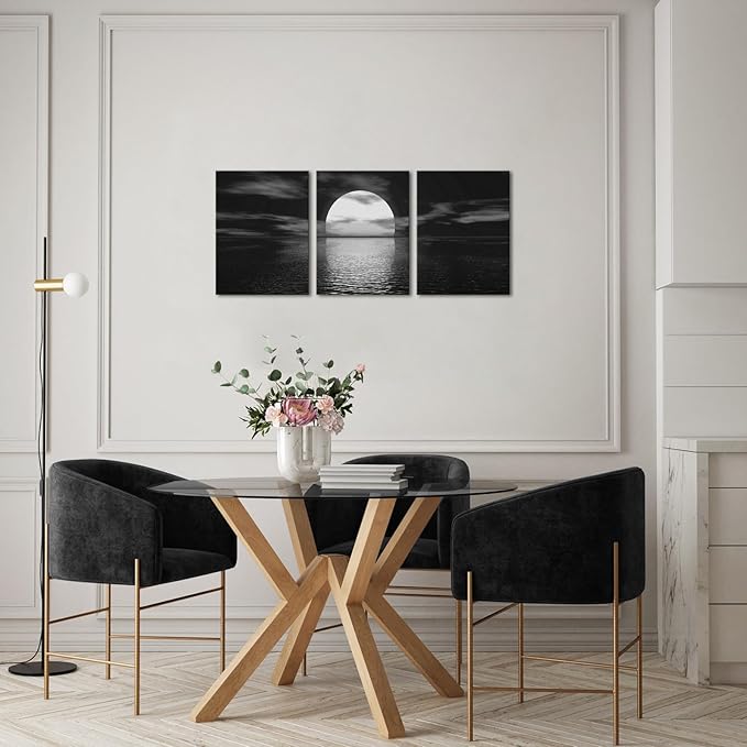 SkenoArt 3 Piece Black and White Bathroom Canvas Wall Decor Ocean Under Moonlight Painting Print Full Moon Seascape Picture Artwork for Home Bedroom Living Room Wall Decor Easy to Hang 12"x16"x3 PCS