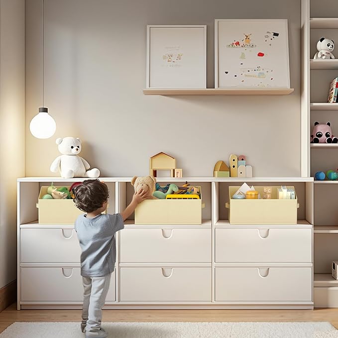 DIMJ Large Closet Storage Bins 8 Pack - Fabric Trapezoid Closet Organizer Bin, Foldable Storage Baskets for Shelves, Closet Shelf Organizer, Clothing Storage Box for Toys, Books, Towel, Clothes, Beige