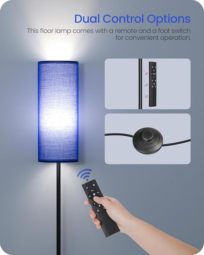Dimmable Blue Floor Lamp for Living Room with Remote and Foot Switch, Corner Floor Lamp for Bedroom, 64.4" Standing Tall Lamp, 10W 900LM Bulb Included, 3000K-6500K, Linen Shade, FCC Listed U06LD05W1