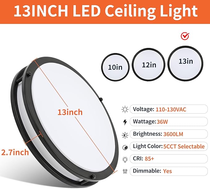 13Inch 36W Ceiling Light Fixtures 2 Packs, 5CCT Flush Mount Ceiling Mount Lights 2700K 3000K 4000K 5000K 6500K, Dimmable Close to Ceiling Lights, LED Ceiling Lights for Bathroom Kitchen Bedroom, Black