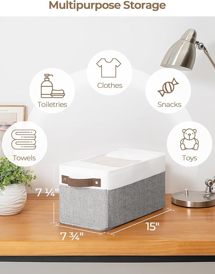 StorageWorks Narrow Storage Bins, Small Basket for Closet and Shelves, Rectangular Fabric Organizer with Handles, Toilet Paper Storage, Gray and White Stripes, 2-Pack