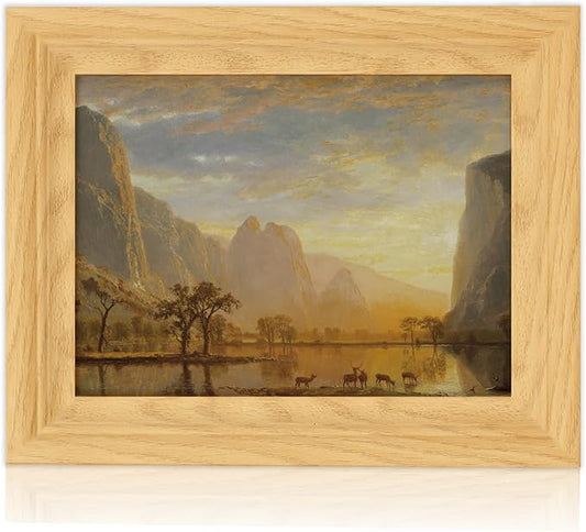 Brivoria Framed Canvas Wall Art Vintage Decor, Romantic Autumn Landscape with Golden Mountains, Deer, Lake Reflection and Canoe at Sunset for Bedroom Entryway Shelf or Tabletop Fall Display, 8"x10"