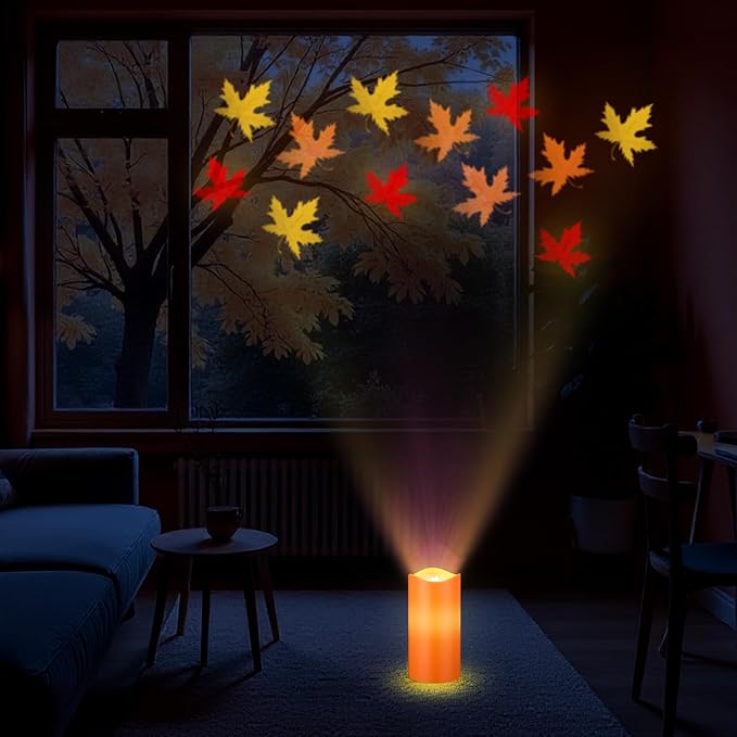 Fall Maple Leaf Flameless Candles Projector Lights Autumn LED Candle Night Light with Remote and Timer Battery Operated Electric Gifts for Fall Wedding Thanksgiving Harvest Halloween Decor