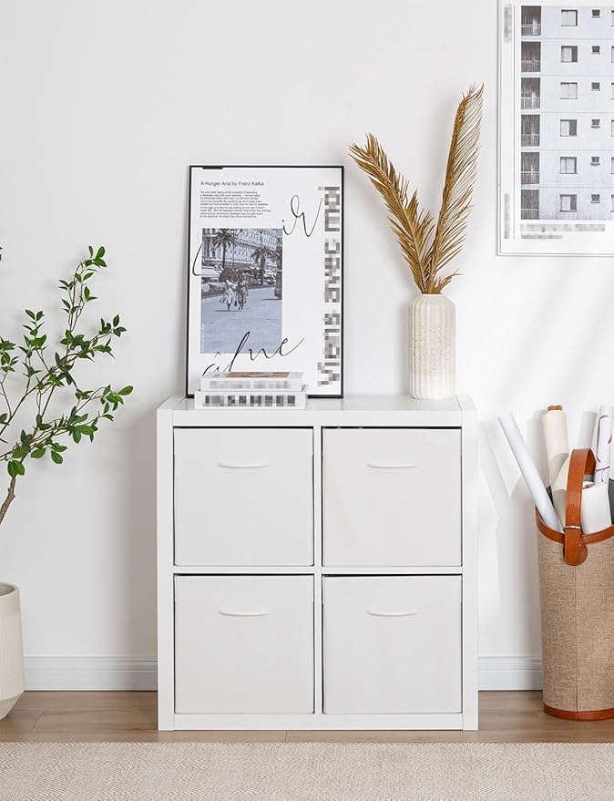 StorageWorks White Storage Cubes, 13-inch Leather Bins with Handle, Cube Organizer Baskets for Shelves and Closet, Collapsible Storage Bins, 4-Pack