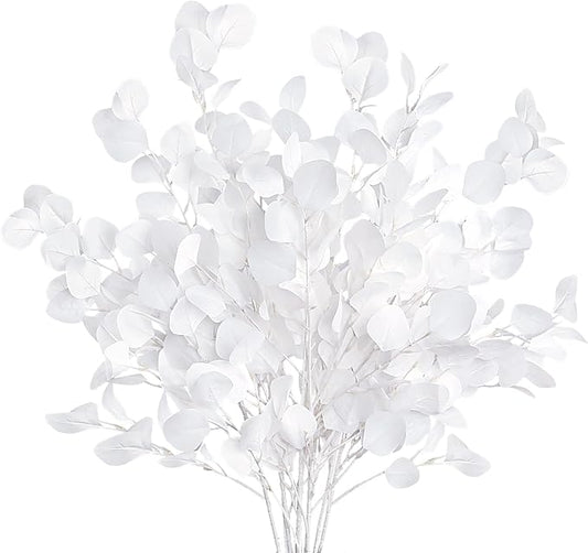 Sggvecsy 6 Pcs Eucalyptus Leaves Artificial Eucalyptus Stems Long Silver Dollar Leaves Faux Leaf Branches Fake Silk Eucalyptus for Spring Summer Home Festival Thanksgiving Christmas Decor (White)