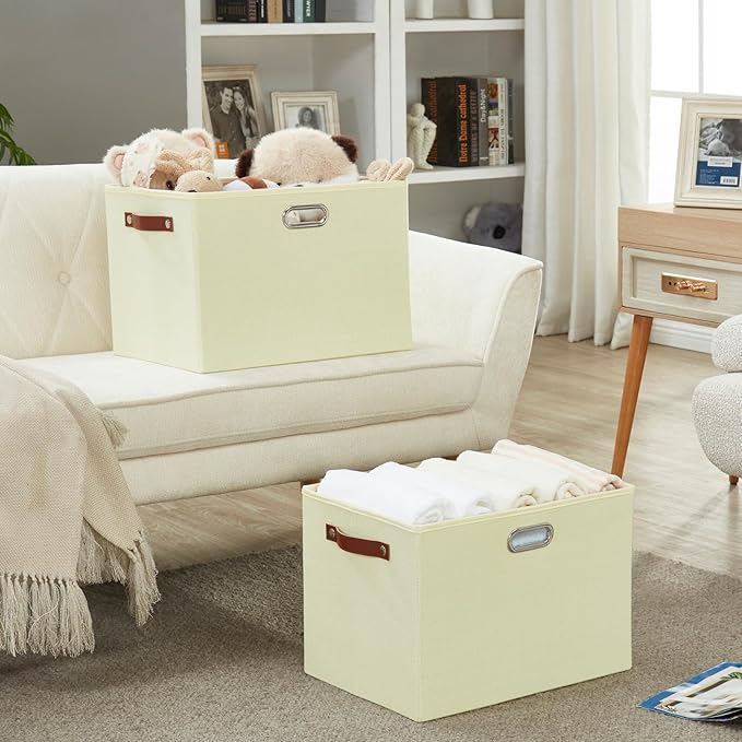 3-Pack Foldable Fabric Storage Bins with Durable PU & Metal Handles , Collapsible Storage Baskets for Shelves, Home Storage, Closet Organizers, Living Room(17"x11.8"x11.8", Beige)