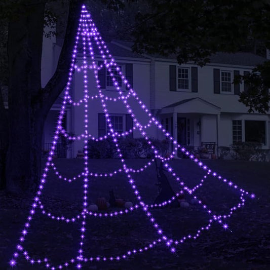 LED Spider Web Lights for Halloween Decorations Outdoor - 616 LEDs, 8 Lighting Modes, 16.4 Ft Light Up Giant Spider Webs (Purple)