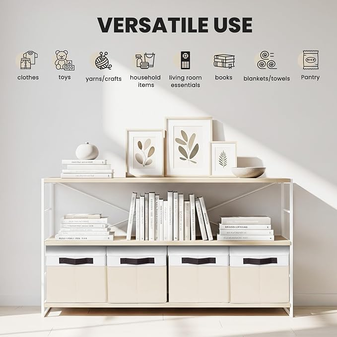 Large Closet Organizer Bins with Lids 4 Pack - Nursery Storage Baskets for Shelves Bedroom Dorm - Stackable Decorative RV Closet Organization Cubes with Handles for Clothes Purse Blanket Towel