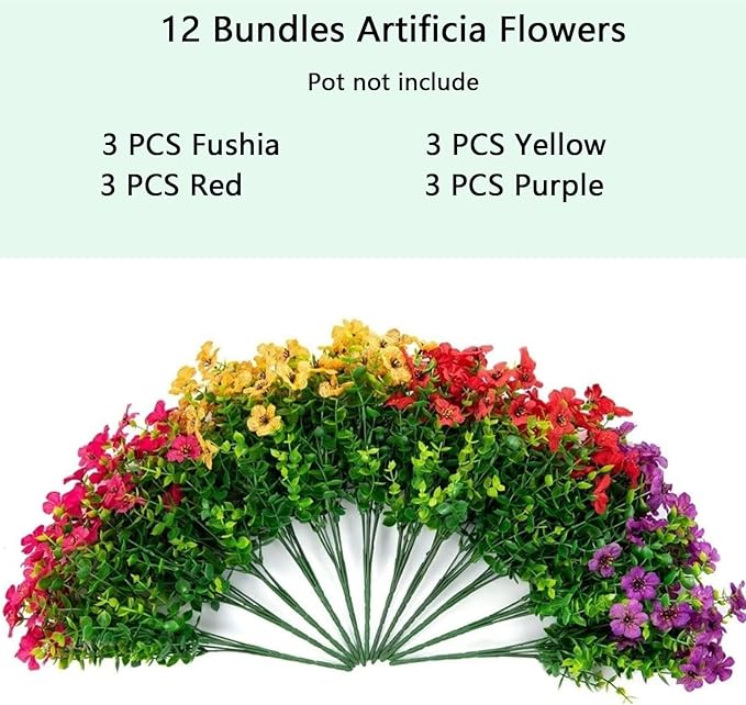 Artificial Flowers for Outdoor Indoor Garden Home Decoration, Faux Flower Daisy with Eucalyptus Leaves Fake Plants Greenery Boxwood Porch Patio, 12 Bundles (Mix Red Purple Yellow Fuchsia)