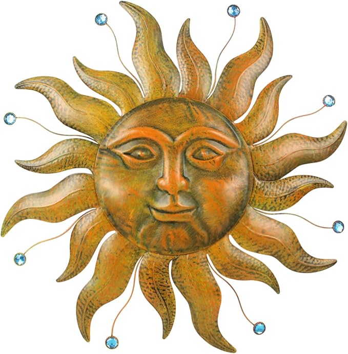 Sun Metal Wall Art, 3D Sun Face Large Wall Art for Living Room, Retro Gold Wall Hanging Decor, Brass Wall Sculptures with Blue Bead, 27 Inches Wall Decor for Garden Yard Patio Home
