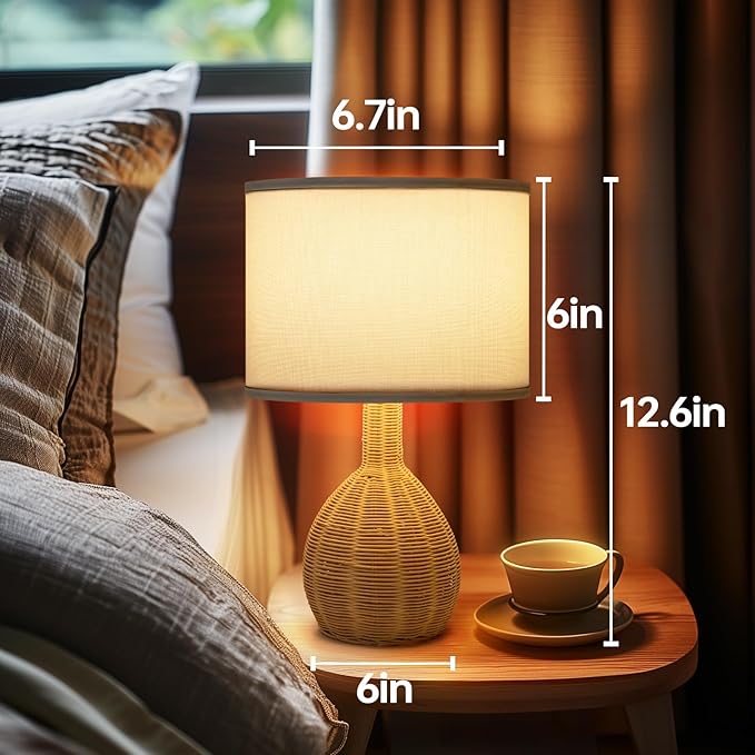 Rattan Table Lamp Set of 2 - Natural Woven Design, 15W LED Bulb Included, Modern Boho Style Nightstand Lamps for Bedroom, Living Room, or Office Decor