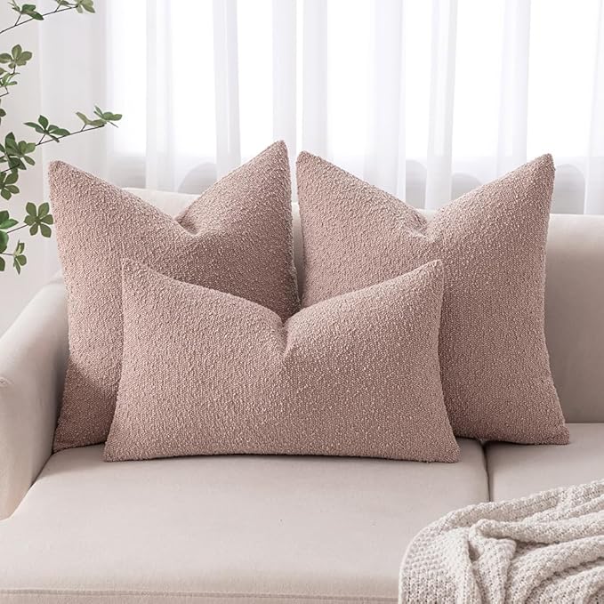 MIULEE 18x18 Inch Decorative Pillow Covers for Couch Bed Set of 2 Textured Boucle Neutral Throw Pillows Pink Accent Solid Cushion Pillowcase Cozy Soft Sofa Livingroom Home Decor