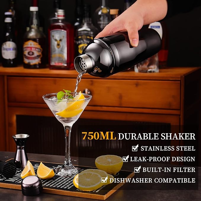 Bartender Kit with Bamboo Stand, 12 Piece 25oz Cocktail Shaker Set with All Essential Bar Tools Set for Drink Mixing, Ideal Gifts for Cocktail Lovers, Home Bar Bartending Kit with Cocktail Recipes