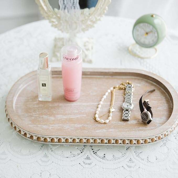 HPC Decor 15in Oval Tray for Home Decor - Brown Wood Beaded Tray - Decorative Serving Tray,Rustic Farmhouse Wooden Trays for Vintage Centerpiece,Kitchen Counter,Living Room Decor,Coffee Table Decor.