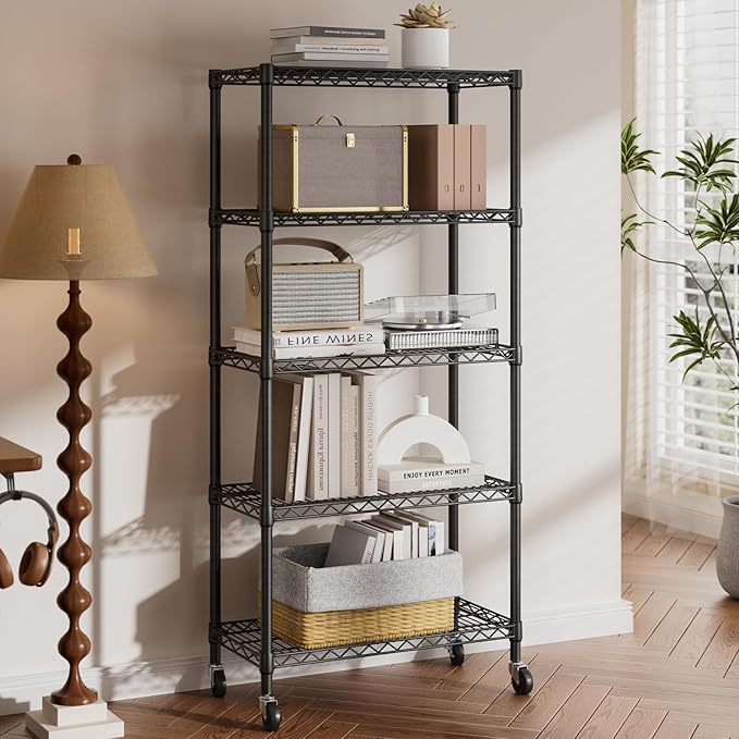 SINGAYE 5 Shelf Adjustable Heavy Duty Storage Shelving Unit with Wheels Steel Organizer Wire Rack Shelves Bathroom Organizers and Shelf Wire Closet Metal Pantry Kitchen Garage 14" DX30 WX70 H Black