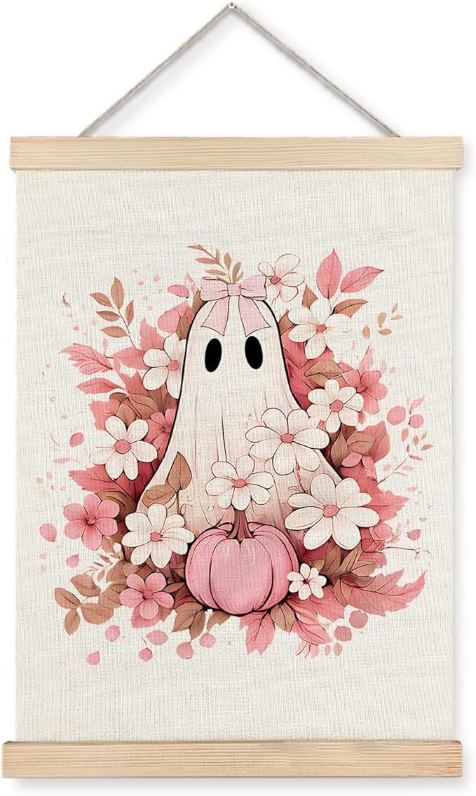 Supwhd Fall Floral Halloween Ghost Wall Art with Wooden Poster Hanger, Pink Bow Ghost Coquette Wall Decor, Coquette Preppy Room Decor, Halloween Pictures Wall Decor, 16x24