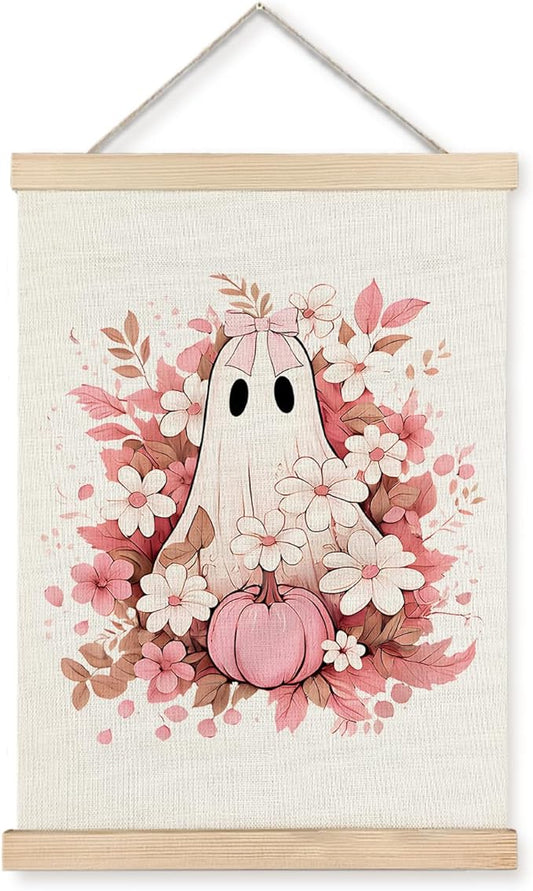 Supwhd Fall Floral Halloween Ghost Wall Art with Wooden Poster Hanger, Pink Bow Ghost Coquette Wall Decor, Coquette Preppy Room Decor, Halloween Pictures Wall Decor, 16x24