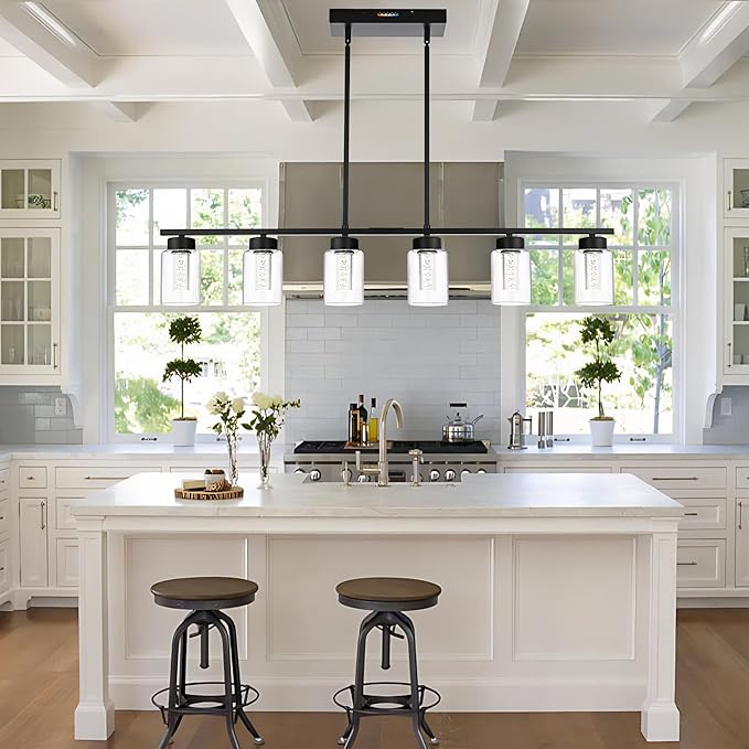 6-Lights 5CCT LED Black Kitchen Island Light LED Integrated Bulbs Included, Modern Linear Pendant Light Fixtures Hanging with Bubble Crystal LED & Clear Glass Shade