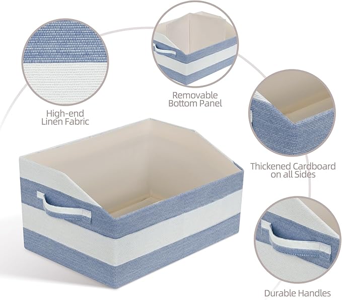 Linen Closet Organizers and Storage, Trapezoid Fabric Bins, Home Office Organization Baskets Striped Collapsible Box with Handles for Clothes, Blanket, Books, DVD, 4 Pack, Blue/White