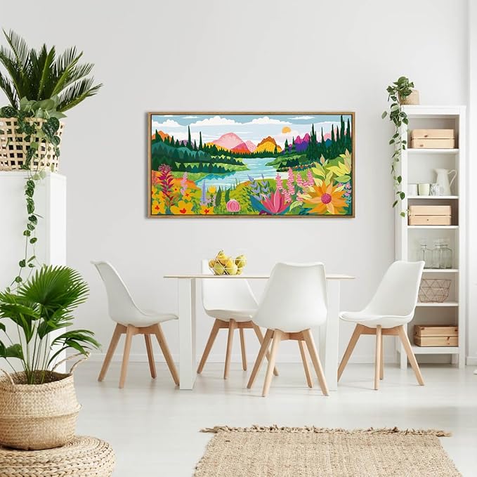 ANHUIB Large Colorful Wall Art 20x40 Inch Framed Abstract Floral Wall Decor Forest Woodland Painting Muticolor Mountain Range Illustration for Living Room Dining Room Bedroom