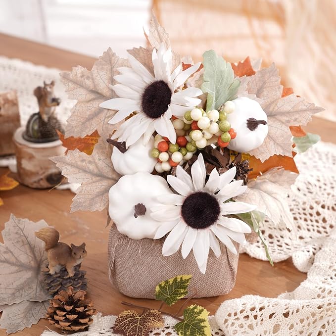 Fall Decor, Fall Decorations for Home，2Pcs Artificial Fall Flowers with Burlap Base, Fall Leaves Sunflower Decor Fall Leaves, Thanksgiving Decorations, Fall Centerpieces for Tables (White)