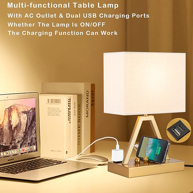 Briever Touch Control Table Lamp, 3-Way Dimmable Desk Lamp with USB C & USB A and AC Outlet, Bedside Lamp with Phone Stand and Fabric Shade for Bedroom, Living Room,Bulb Included, Gold