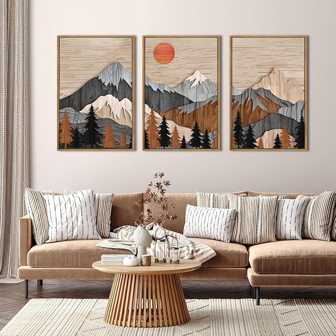 ANHUIB Mountain Wall Art 16x24 Inch Large Forest Wall Decor Woodcut Pine Tree Illustration Nature Wilderness Art Print Abstract Landscape Painting Set of 3 for Living Room Bedroom Office