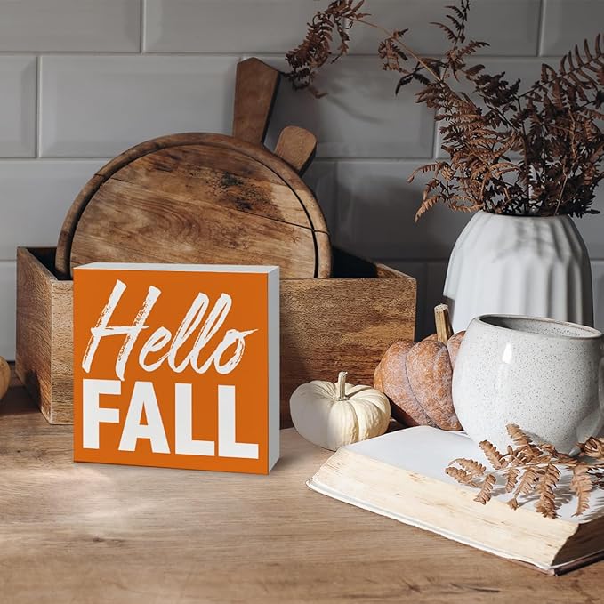 Hello Fall Sign, Autumn Decor Art, Small Wooden Box Sign, Rustic Farmhouse Tabletop Decor, Fall Seasonal Decoration for Home Office Cafe Shop Coffee Bars, Decorative Wood Signs A1