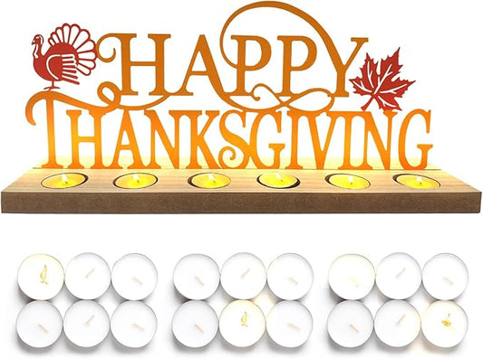 Happy Thanksgiving Metal Sign Rustic Table Decorations with Wooden Base, Tiered Tray Decor with 18pcs Tealights, Table Centerpieces Metal Word Sign for Fall Party Home Indoor Office Tabletop Mantel