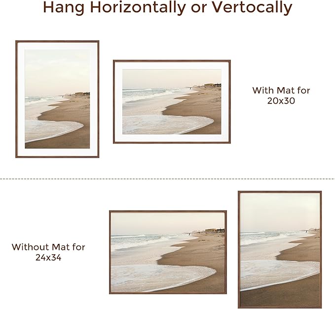 24x34 Oak Wood Picture Frame, 24"x34" Poster Frame for Wall, 24 x 34 Frame with Mat for 20x30, Rustic Wood Frame 24 x 34 with Real Glass, 24 by 34 Large Photo Frame (Walnut Color, 1 Pack)