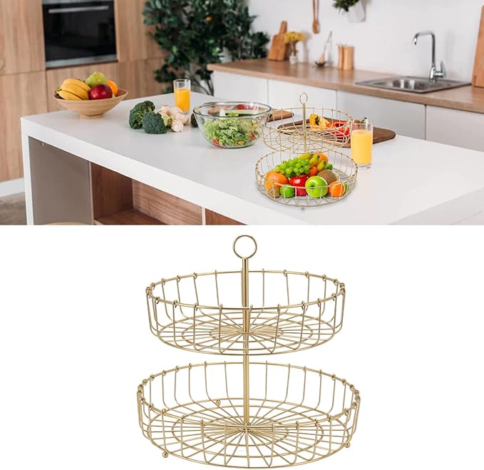 Tiered Fruit Bowl, 2 Tier Fruit Basket, Golden Fruit Basket Iron Round Golden Nordic Household Snack Storage Tray For Party Desktop Kitchen