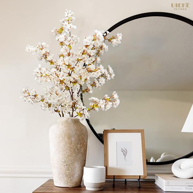 Uieke Silk Cherry Blossom Branches, 39.3in Artificial Cherry Blossom Tree Stems, Fake Plum Blossom Flowers Arrangement for Wedding Home Japanese Decor, Set of 3, White
