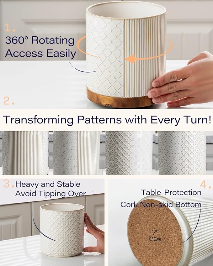 getstar 360° Rotating Kitchen Utensil Holder, Large Ceramic Cooking Utensil Holder for Kitchen Counter with Rotatable and Detachable Wooden Base