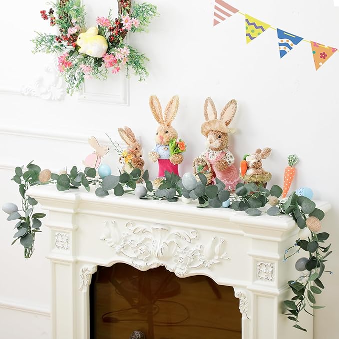 Zeyune 1 Pcs 6ft Long Easter Artificial Garland with Eggs Spring Mixed Eucalyptus Garland Farmhouse Hanging Rustic Easter Garlands Decor for Front Door Kitchen Fireplace Home Indoor Outdoor