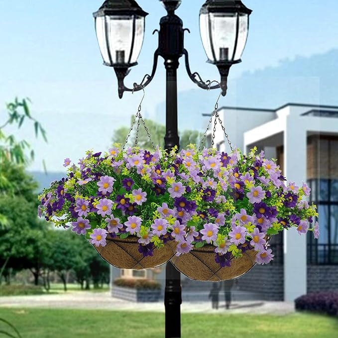 Artificial Hanging Flowers with Basket,Fake Daisy Flowers in 12 inch Coconut Lining Hanging Baskets for The Decoration of Courtyard, Indoors, and Outdoors(Purple)